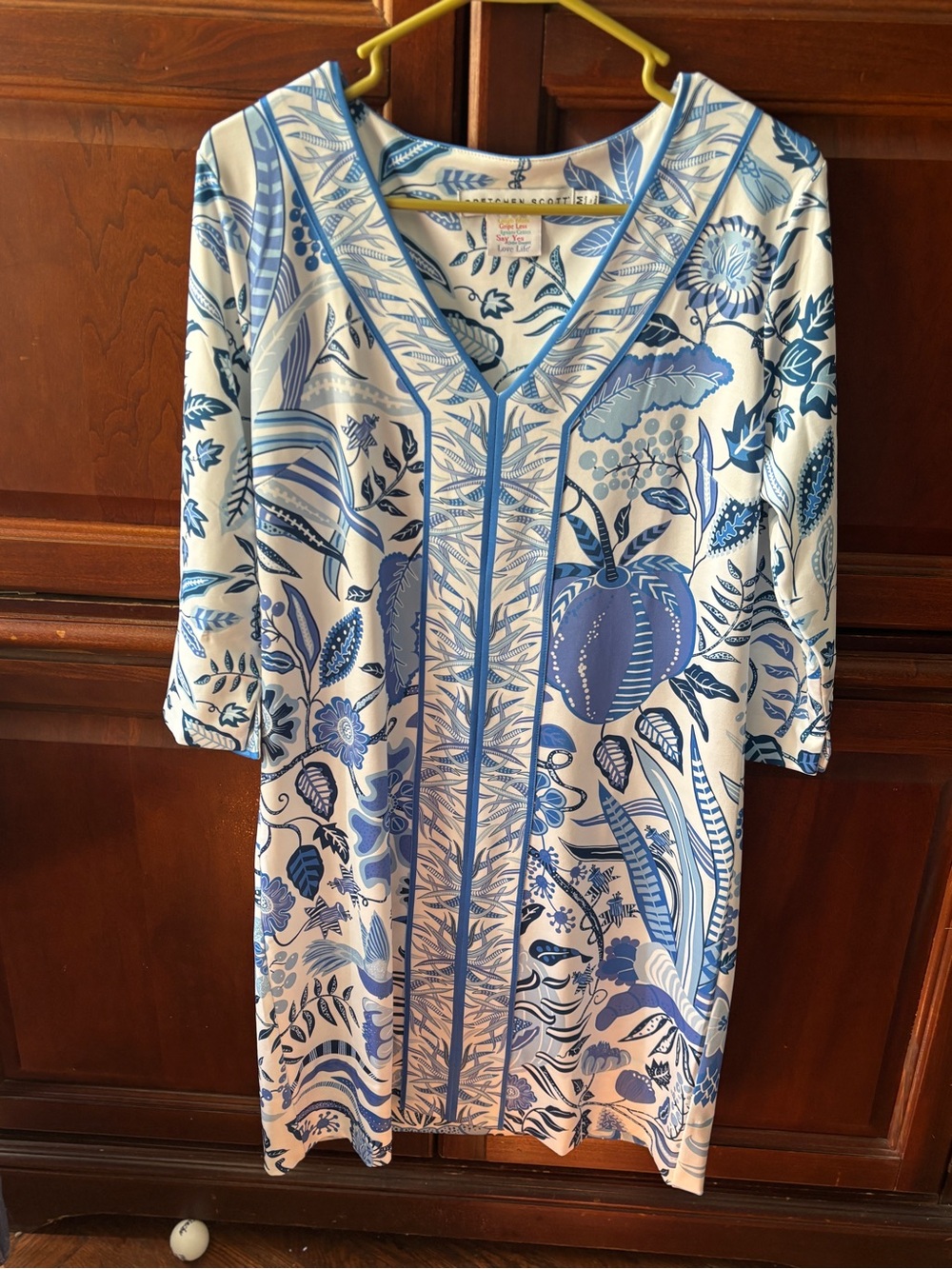 NWOT Gretchen Scott Jersey Bordertown Dress Small Hummingbird Heaven Blue White